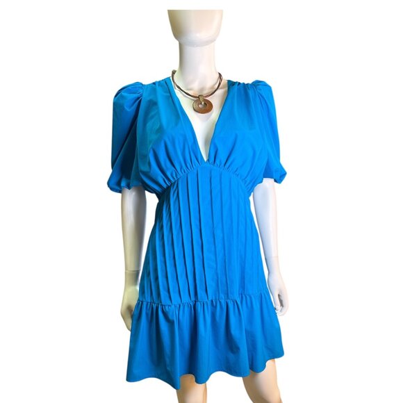 Tcec Womens Blue Pleated Mini Dress With Puff Sleeves & V-Neck Size M EUC - Picture 1 of 6